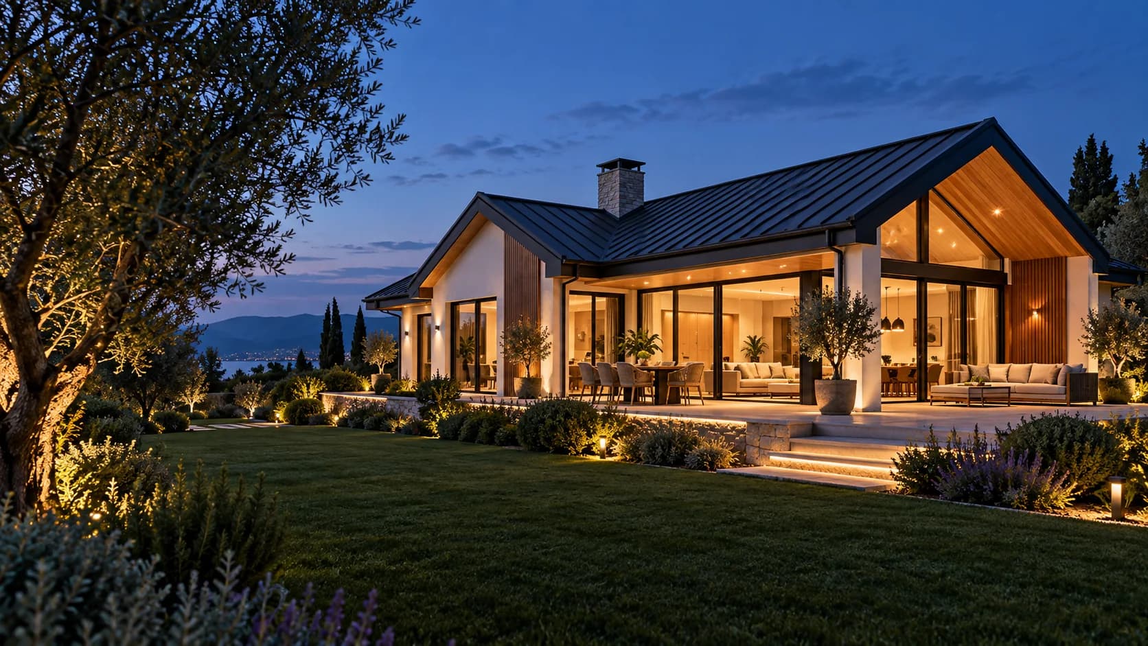 Peyzajlı bahçede modern çelik villa